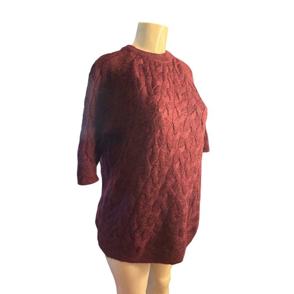 Women M COS Crewneck 3/4 Slv Sweater Dress Tunic Wool Mohair Purple Cable KNit